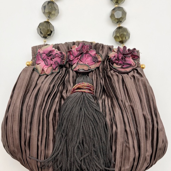 Small Brown Handbag W/Ribbon Roses, Chunky Topaz Crystal Handle, Large Tassel - Picture 5 of 8